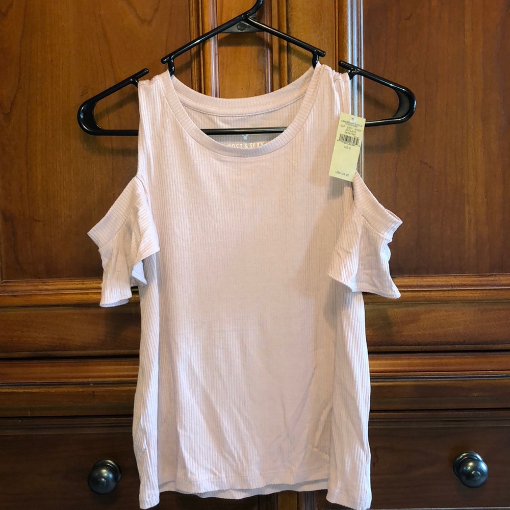 AE - Ribbed Pink Cold Shoulder Blouse